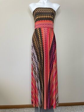 Elan Beach Strapless Zigzag Maxi Dress in Pink, Black and Orange